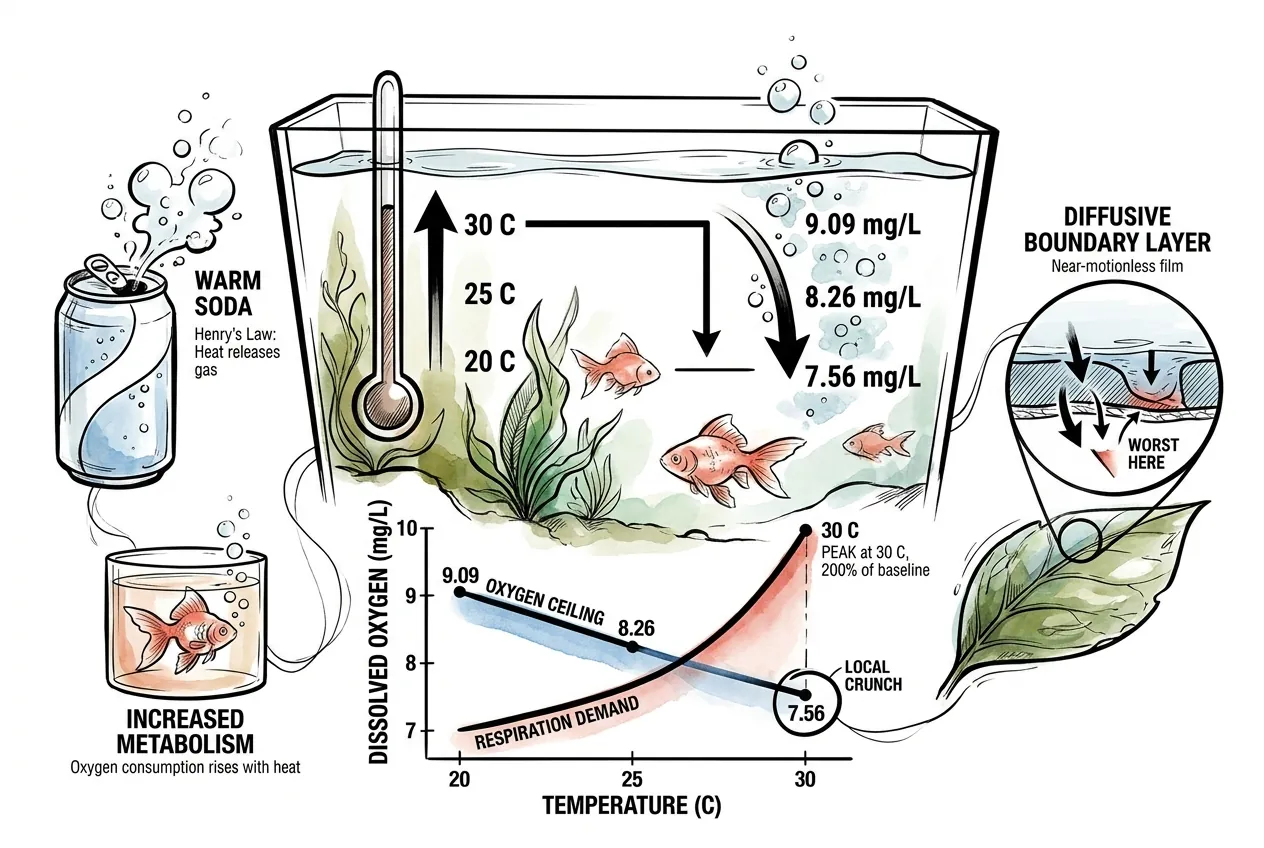 Dissolved oxygen falling with temperature: 9.09 mg/L at 20C, 8.26 at 25C, 7.56 at 30C, warm-soda analogy