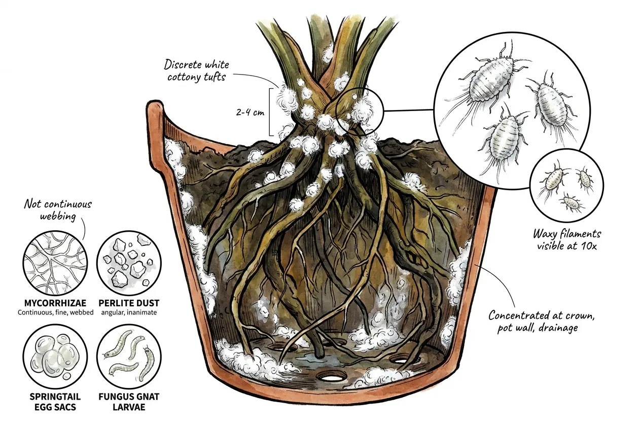 White cottony Rhizoecus tufts clustered at the crown and pot wall of a verrucosum root ball.
