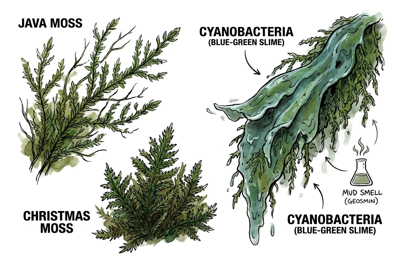 Cyanobacteria mat lifting off moss in green sheets