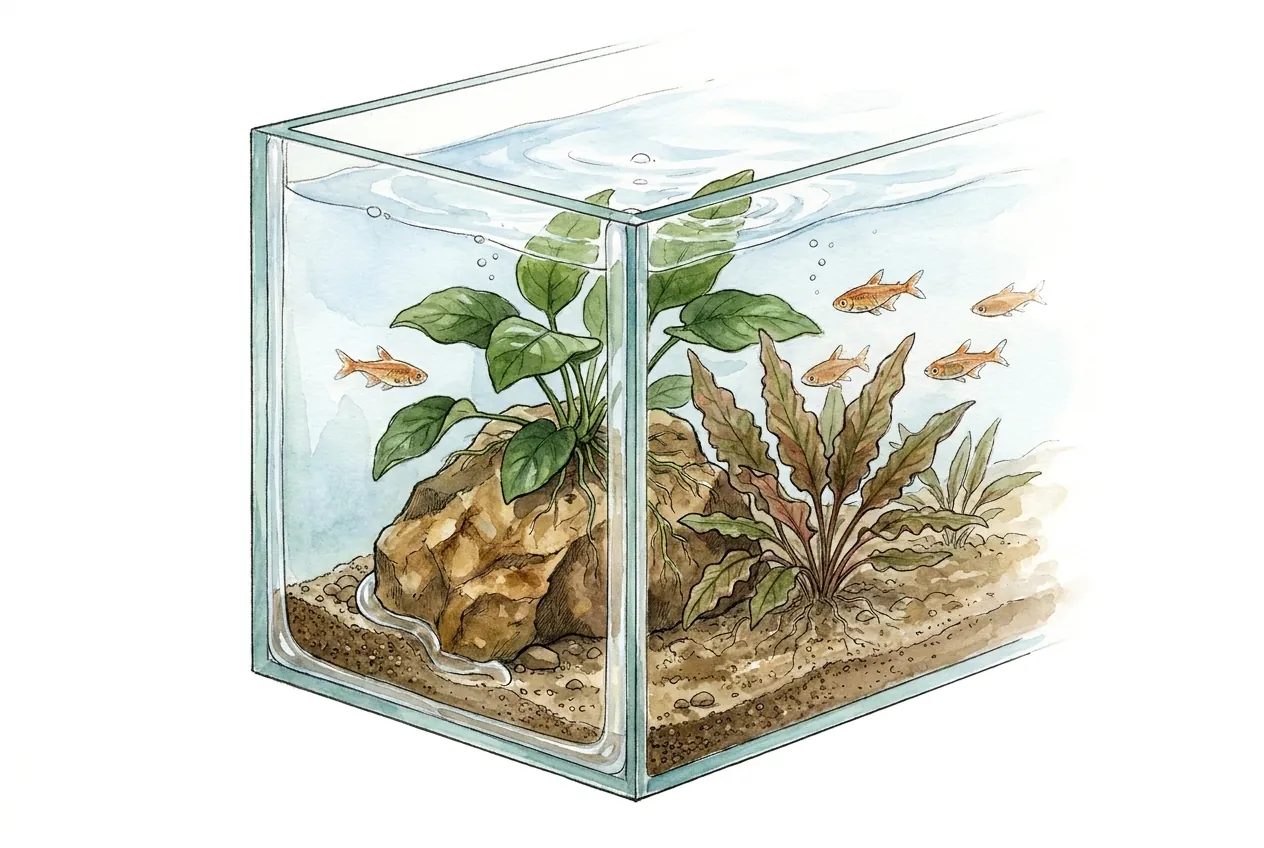 Watercolor cutaway of a small glass aquarium cube showing a clean sealed inside corner seam, a rock bonded to the glass base, an Anubias and a Cryptocoryne, and small fish in clear water.