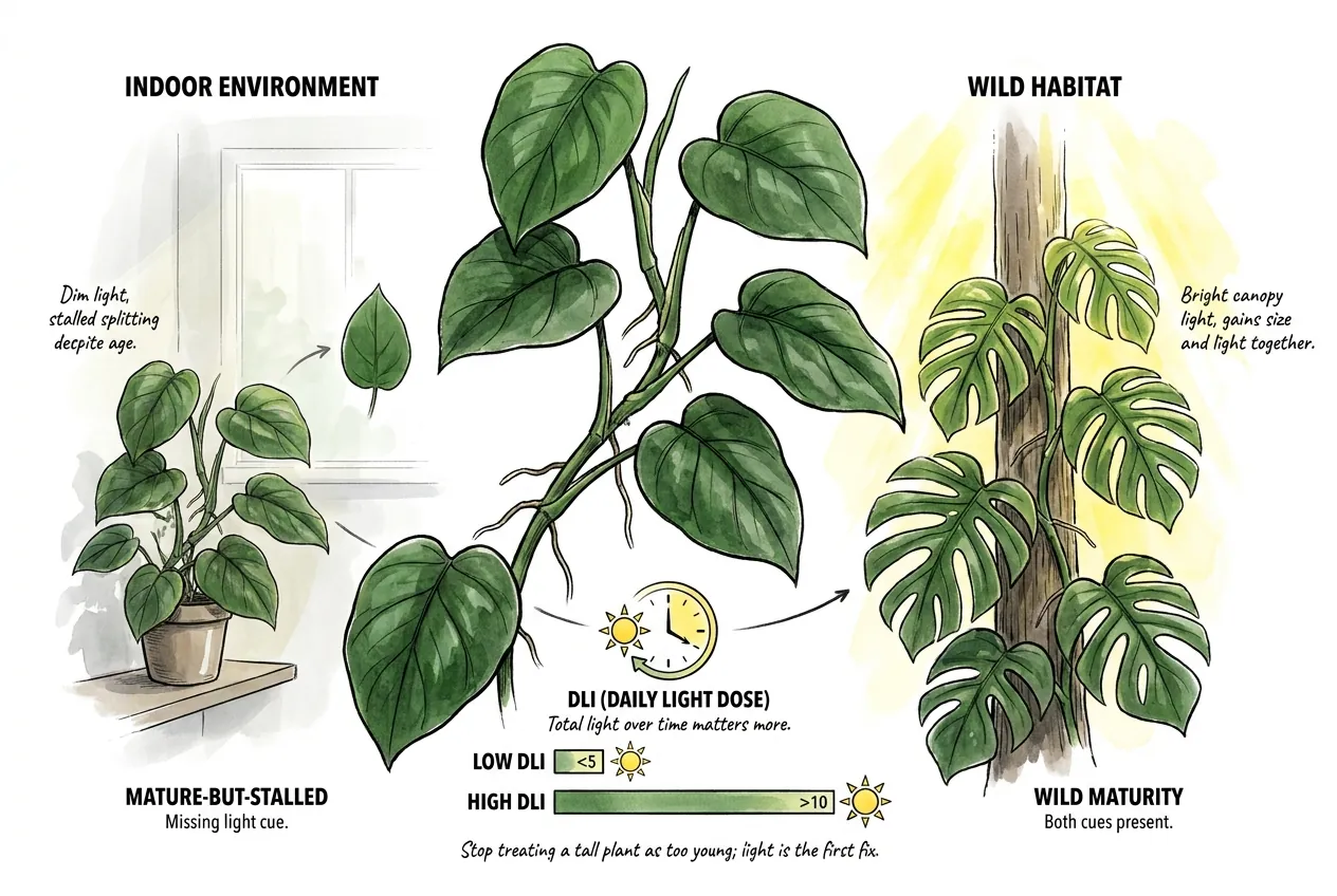 Tall plant in dim corner versus one climbing toward a bright window