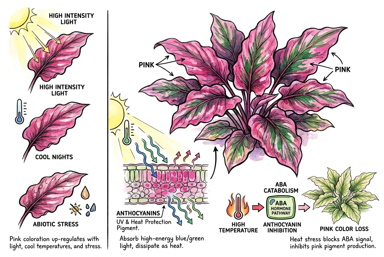 Pink Cryptocoryne leaf shielding chloroplasts from bright light