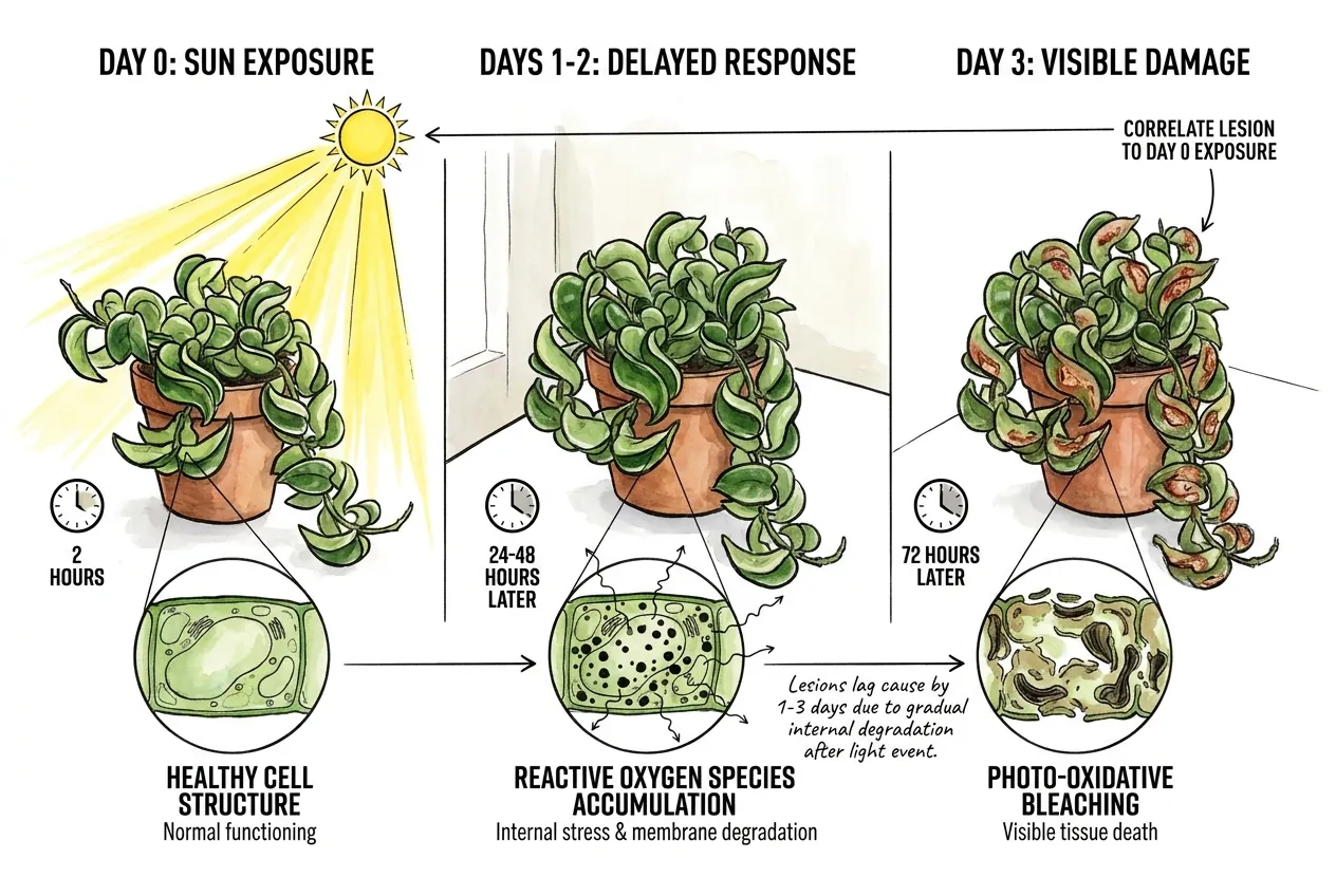 Timeline of a leaf bleaching over three days after sun exposure