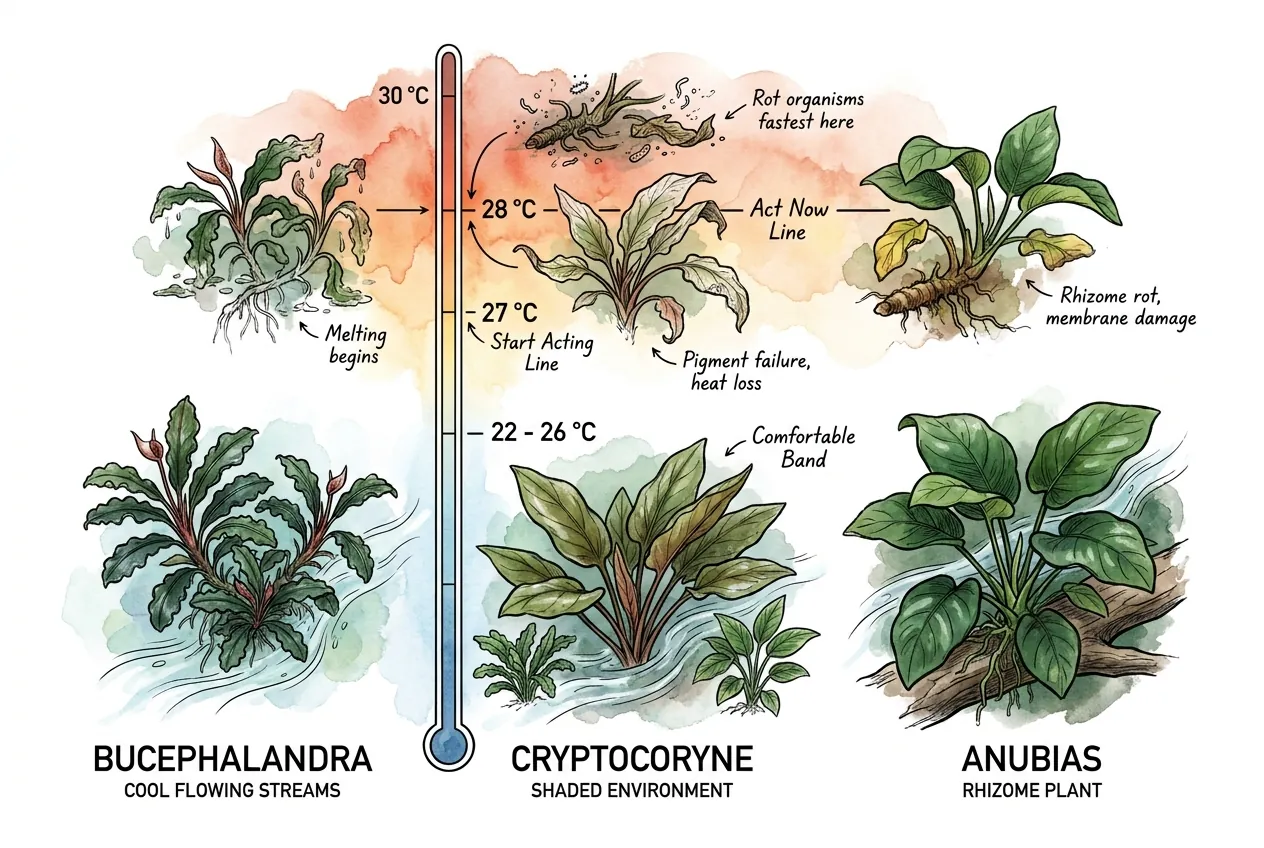 Thermometer marking 22-26C comfort, 27C start-acting, 28C act-now beside Bucephalandra, Cryptocoryne, Anubias