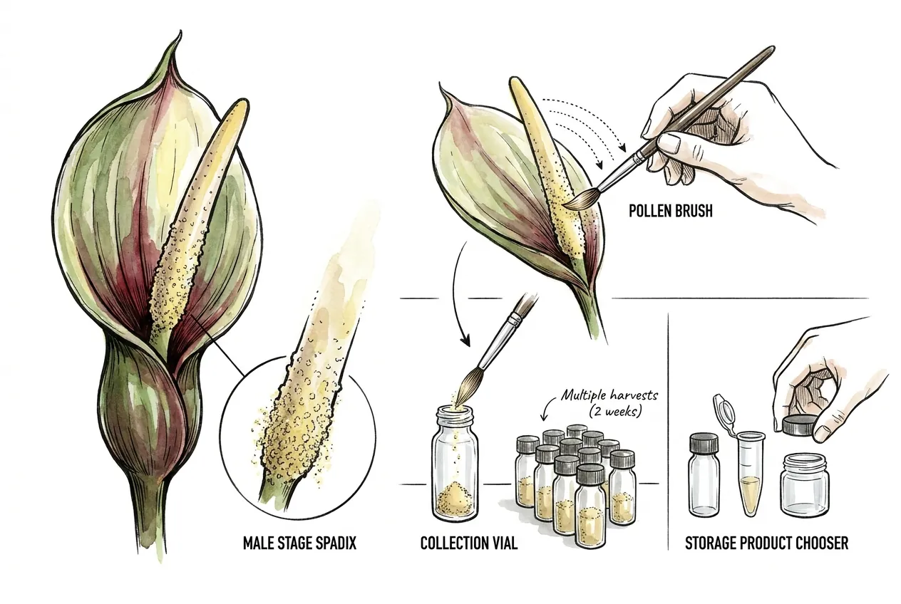 Anthurium spadix female stigmatic-fluid phase versus later male pollen phase