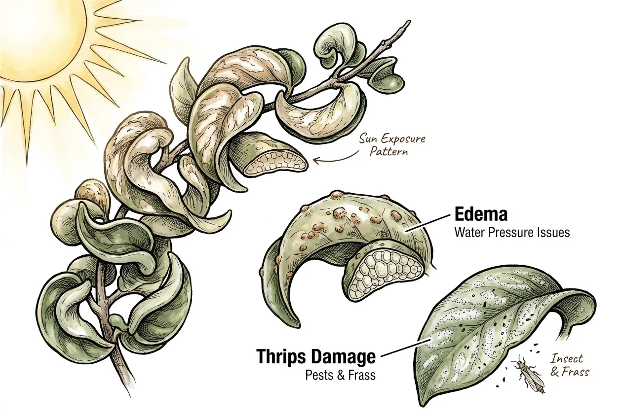 Sun scorch, corky edema bumps, and thrips stippling compared on leaves