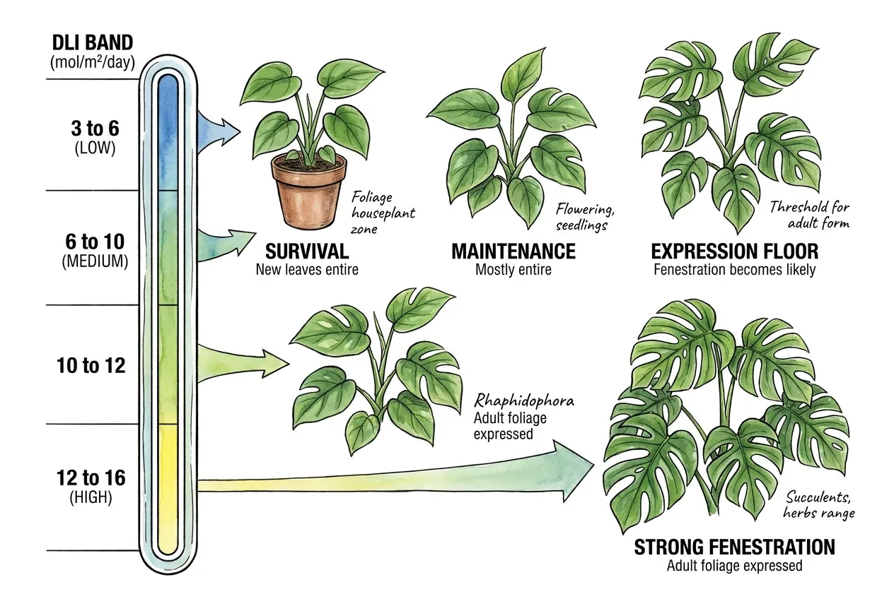 DLI gauge from low to high with houseplant groups in each band