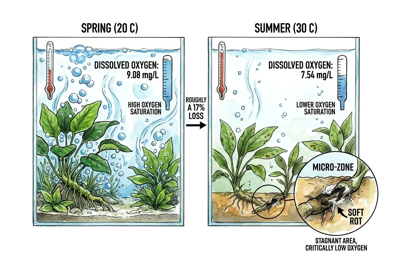 Dissolved oxygen falling as water temperature rises from 20 to 30 C