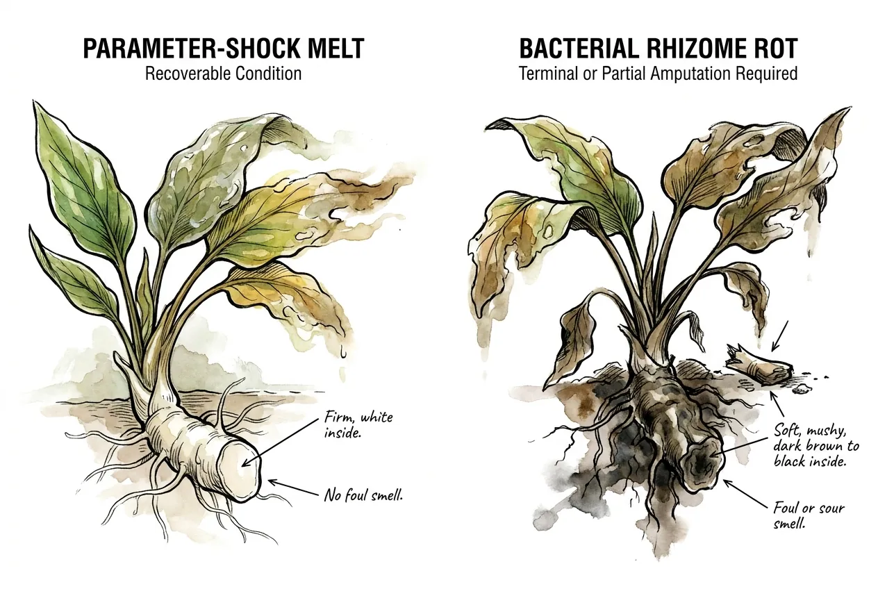 Side-by-side white firm rhizome and dark mushy rhizome diagnostic comparison