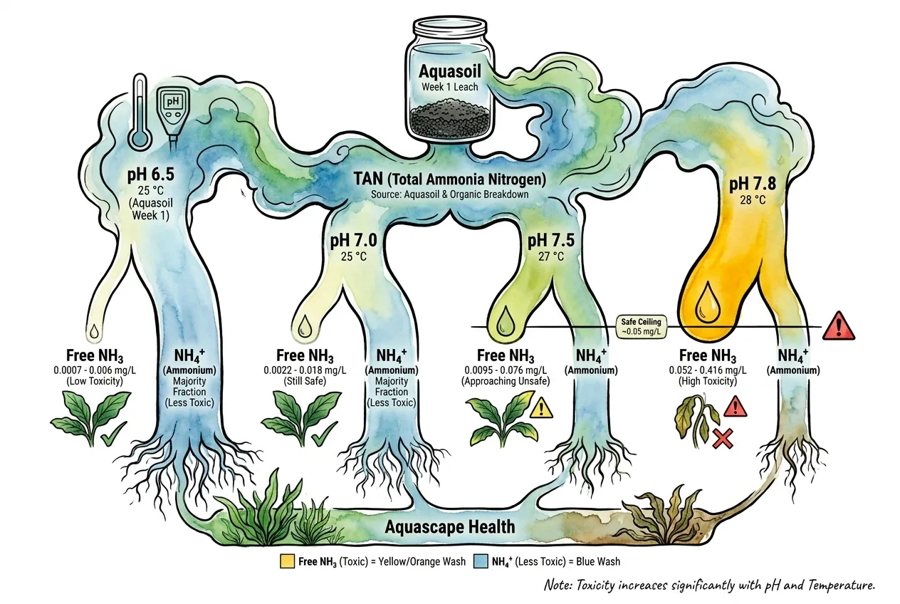 Free NH3 toxicity lookup table by pH and temperature with Bucephalandra ceiling.