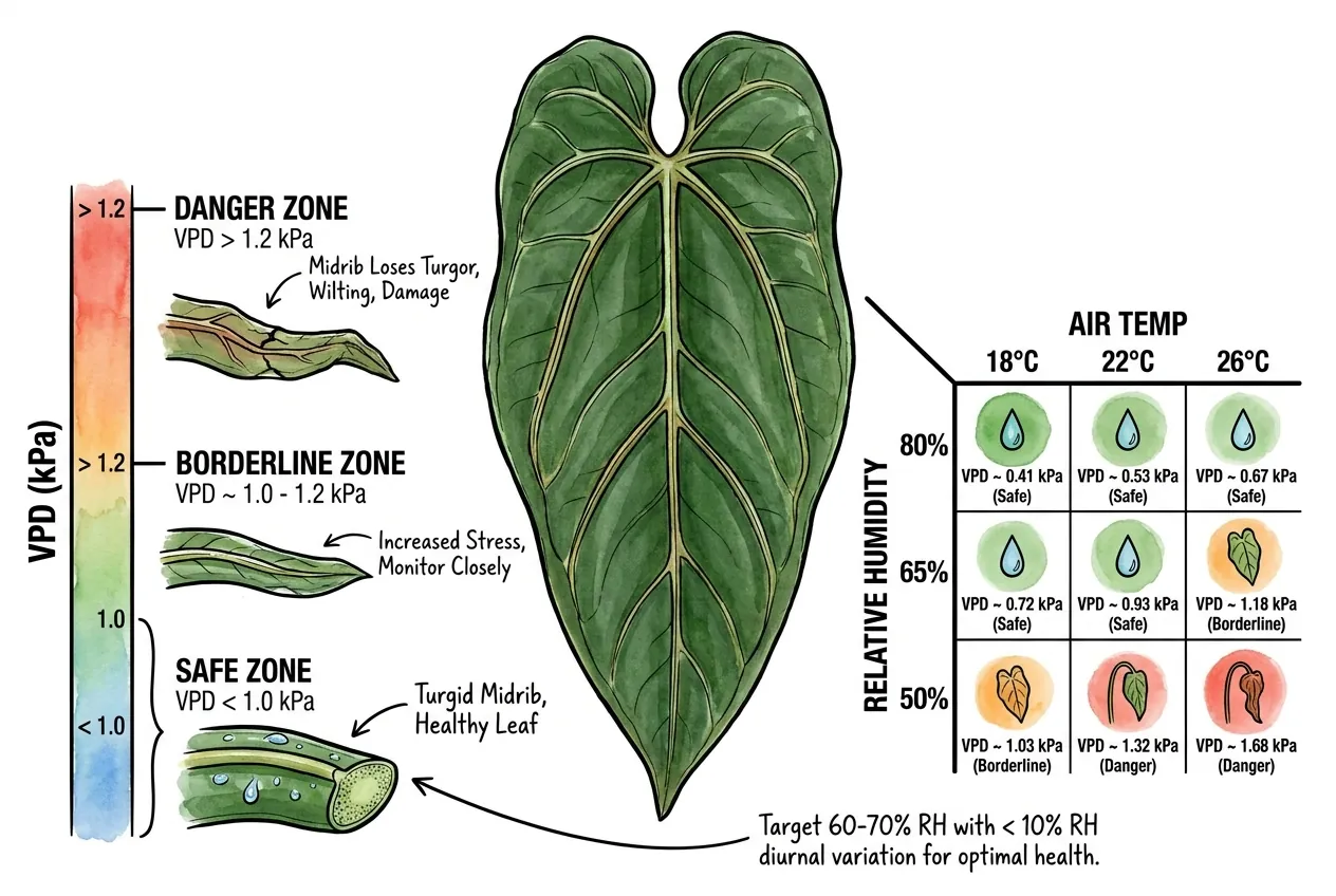 Humidity and temperature reference chart for safe Anthurium veitchii VPD range