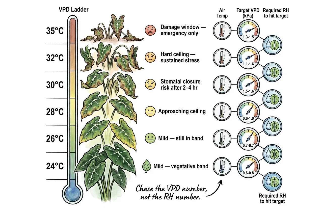 VPD ladder chart showing target kPa values across air temperatures