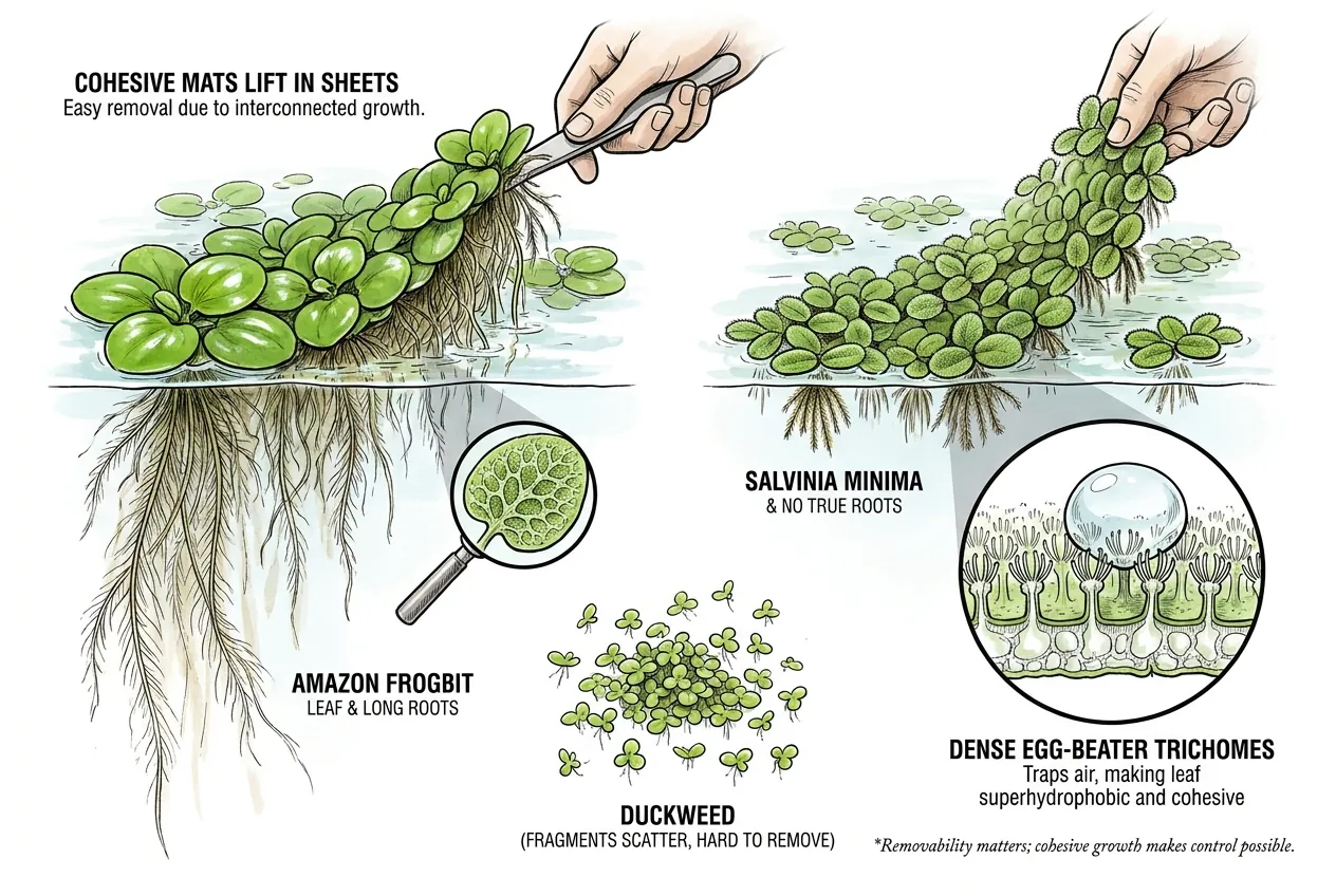 Salvinia and frogbit lifting in sheets while duckweed scatters apart