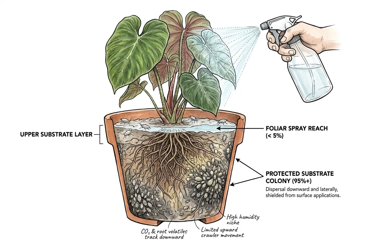 Cross-section of a potted aroid showing crawler distribution mostly below substrate line.