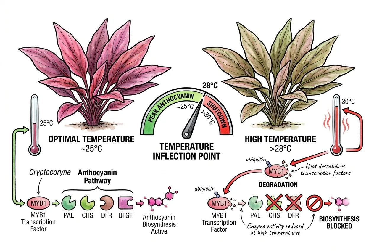 PAL and MYB1 enzyme activity declining as temperature rises past 28 C