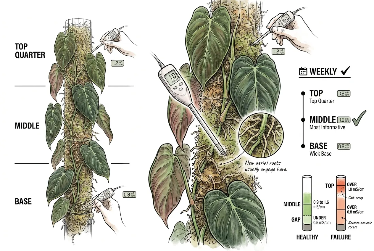 EC pen probe inserted at the mid-pole height of a Philodendron moss pole