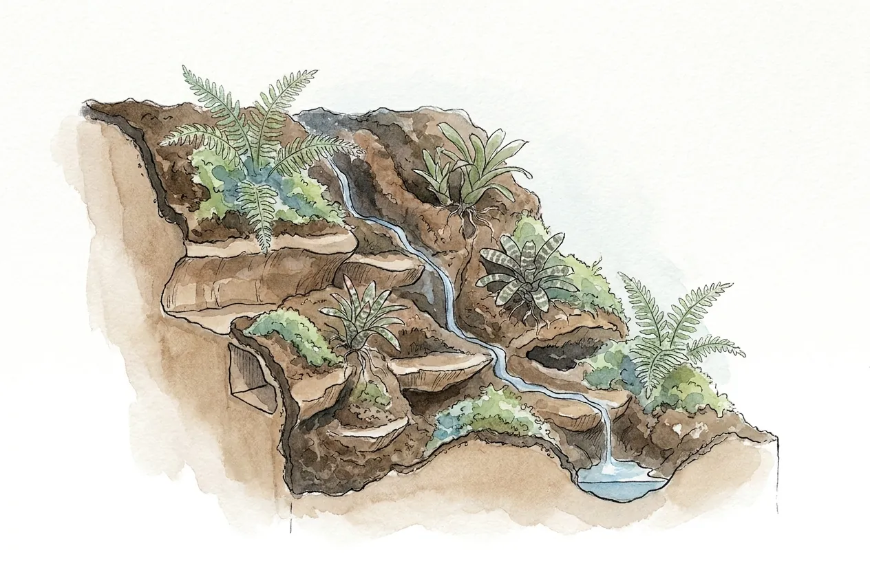 Watercolor cross-section of a carved three-dimensional vivarium back wall with a sculpted foam core coated in dark substrate, ferns and mosses rooting into the ledges, and a thin waterfall trickling into a pool.