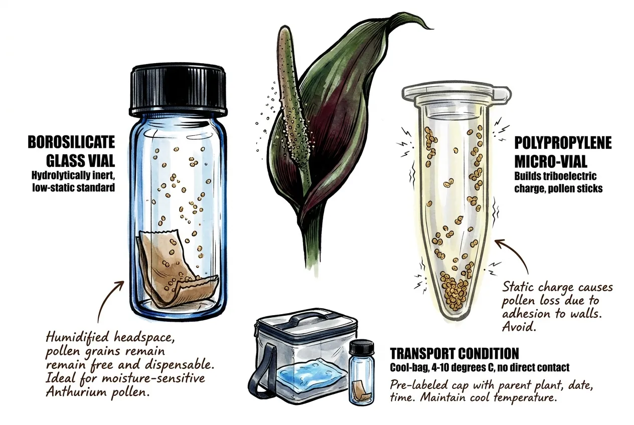 Botanical illustration of a borosilicate glass micro-vial with screw cap containing collected Anthurium pollen and a humidified paper insert