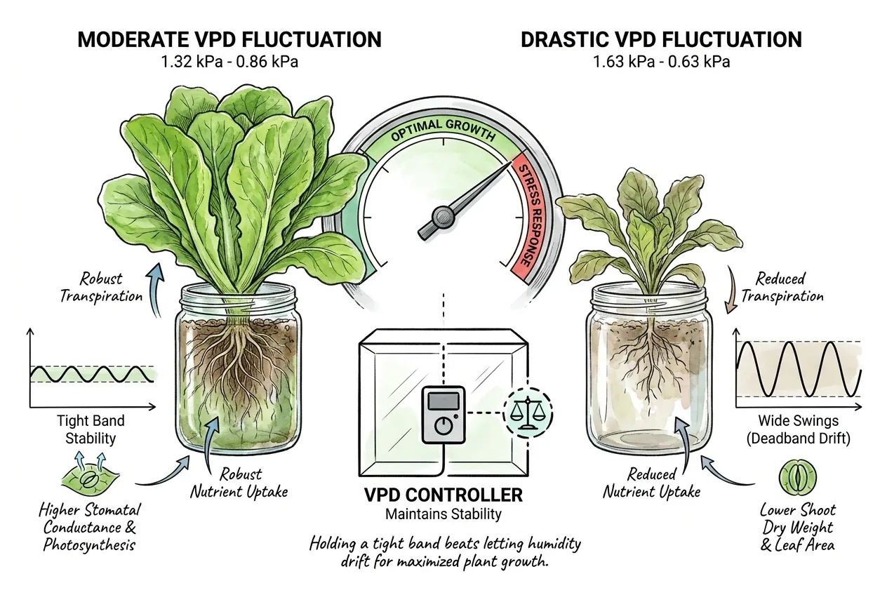 Steady VPD band versus wide swings and their effect on leaf growth