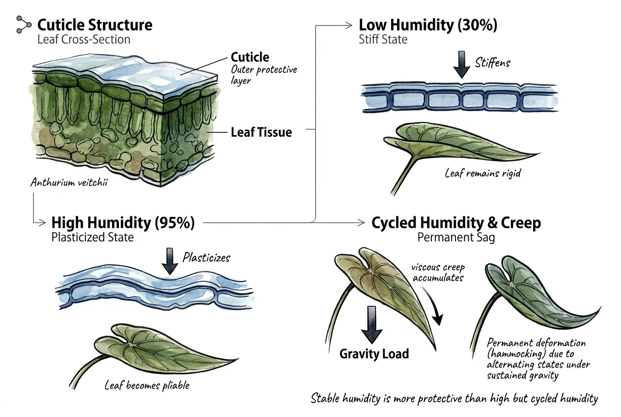 Plant cuticle stiffness changing between low and high humidity states