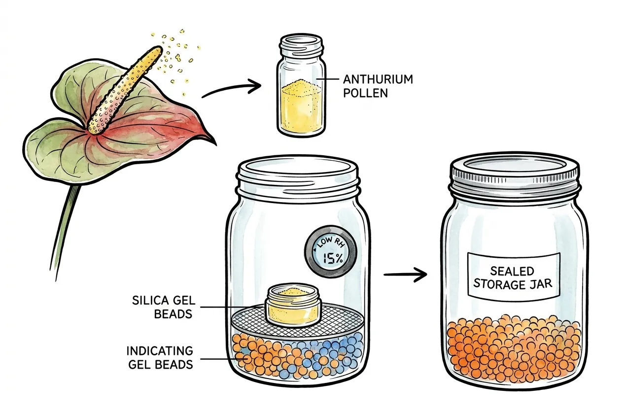 Pollen drying in a jar with indicating silica gel beads
