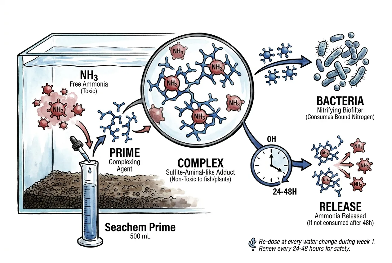 Seachem Prime binding free NH3 into non-toxic complex over 48-hour window.