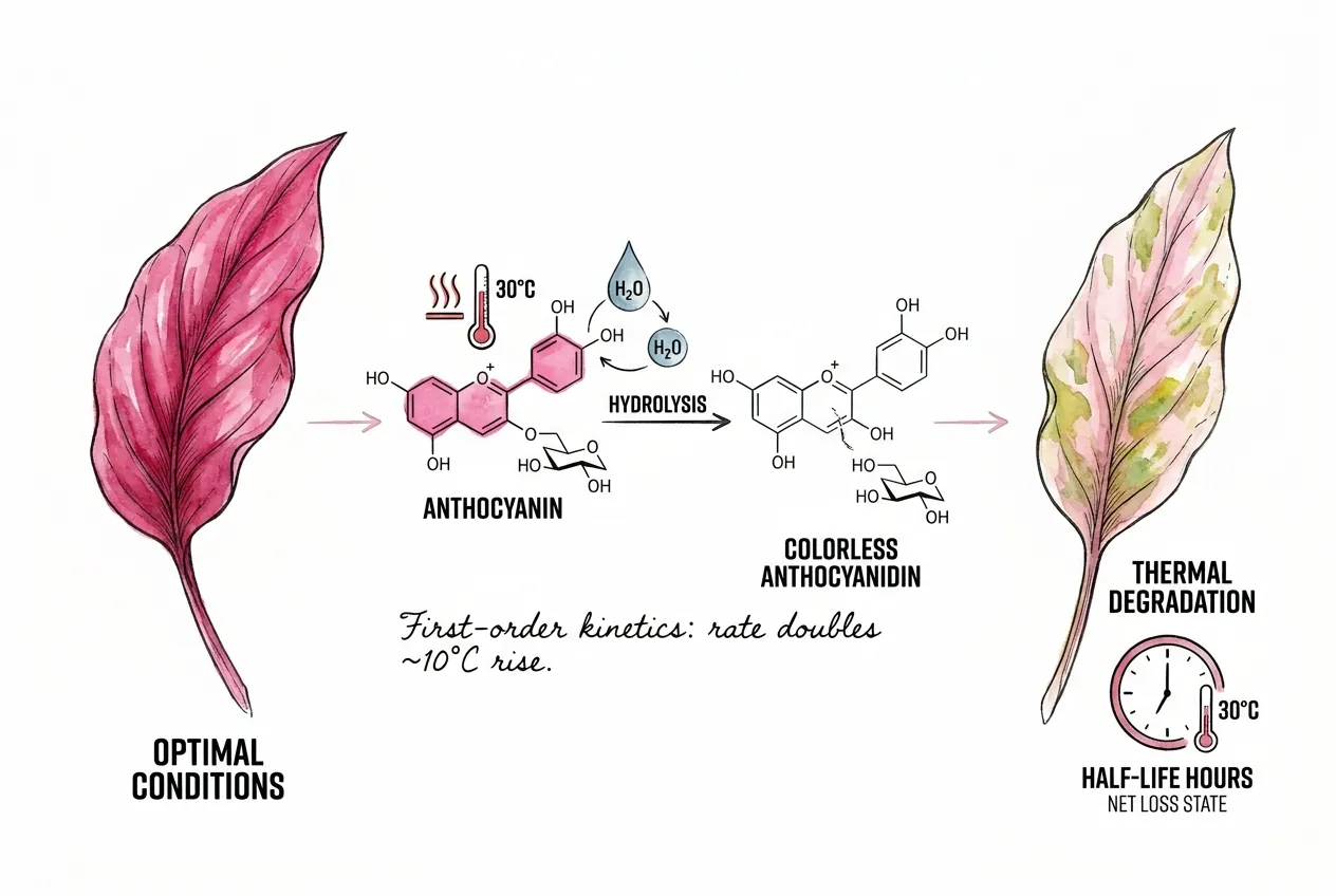 Anthocyanin molecule hydrolyzing into colorless form under heat