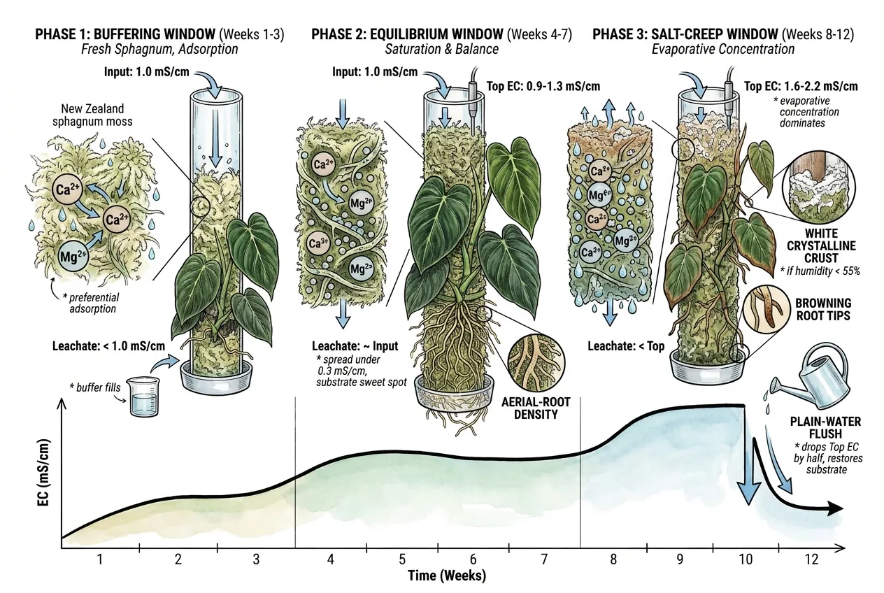Sphagnum moss pole showing three phases of EC drift across 12 weeks