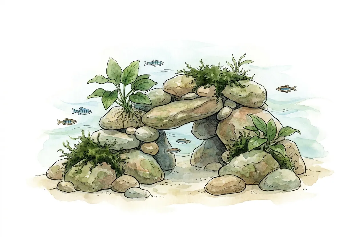 Watercolor underwater scene of stacked aquascape stones bonded into a cave and arch on the substrate, with Anubias and moss attached and small fish swimming through.