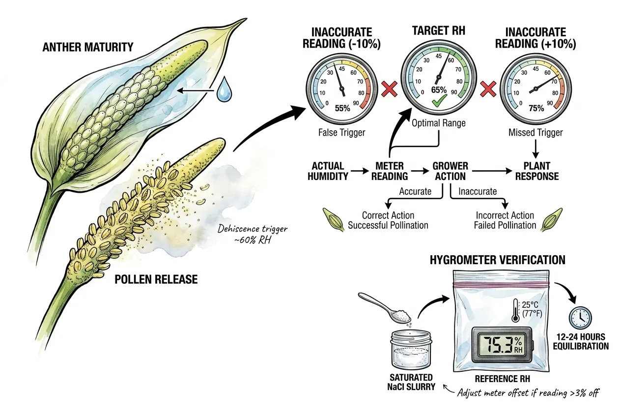 Botanical illustration of a digital hygrometer reading 60 percent relative humidity beside an Anthurium warocqueanum spadix mid-fade, with a small NaCl salt-test setup nearby