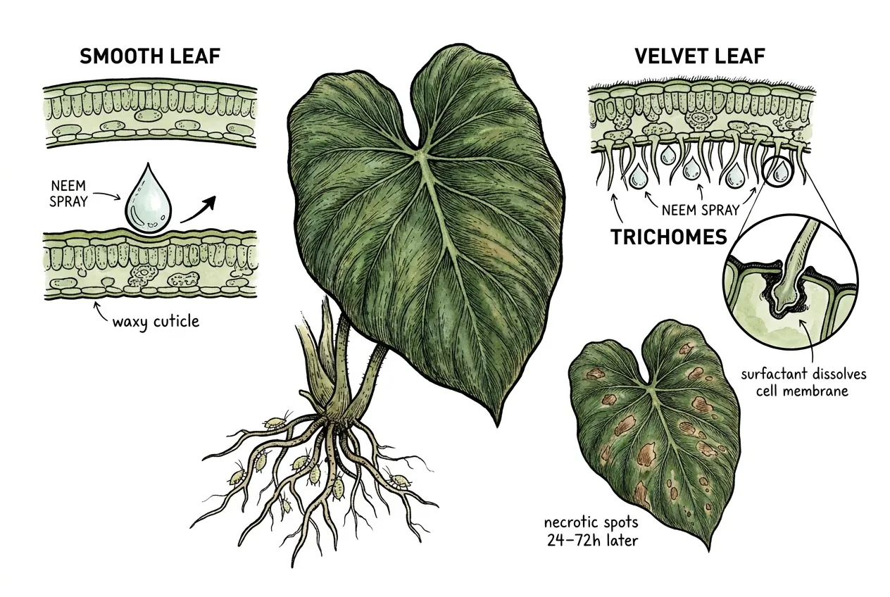 Dense trichomes on a velvet Philodendron leaf with surfactant droplet collapsing the air layer.