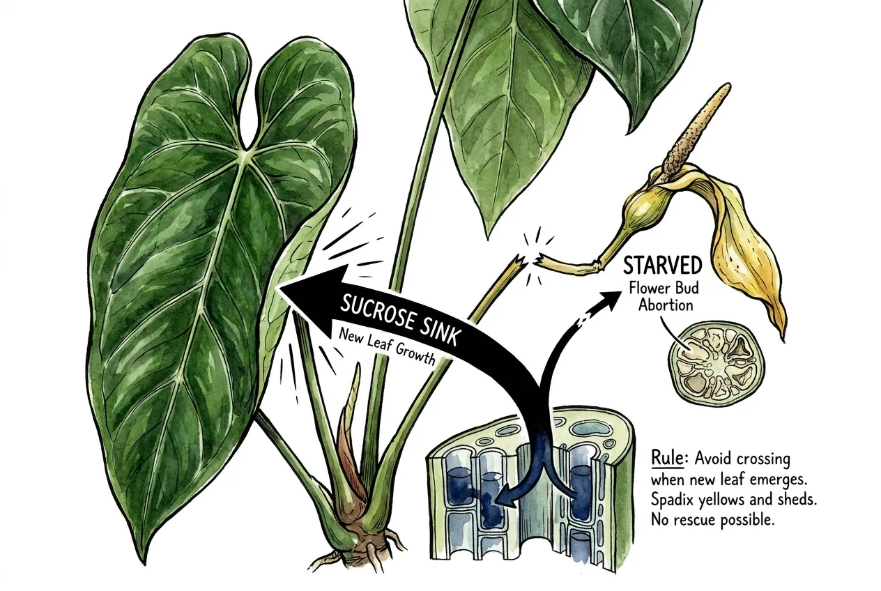 Botanical illustration showing an Anthurium warocqueanum plant with an emerging new leaf next to a yellowing aborting spadix, with a carbon-sucrose flow diagram