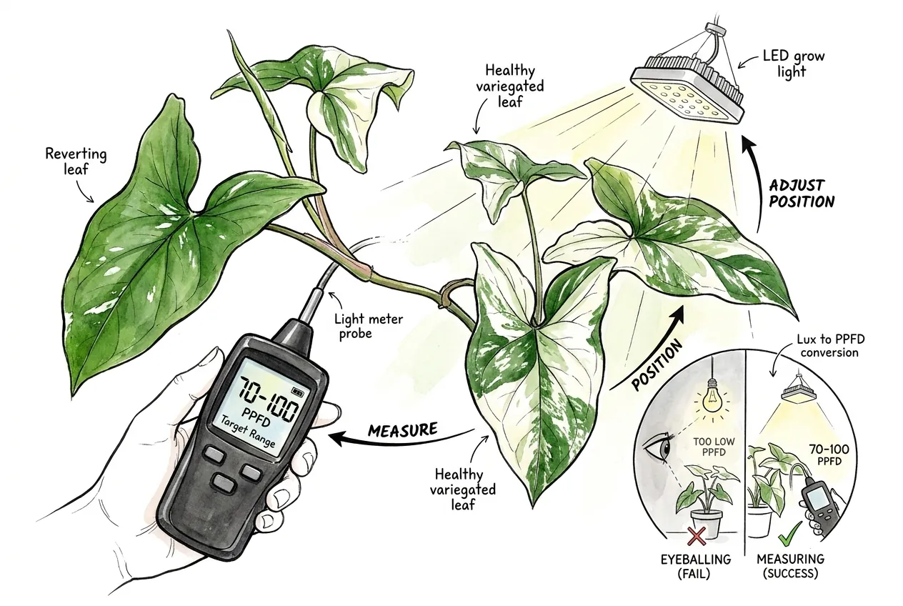 Grow bar positioned above a Syngonium with light meter at leaf surface