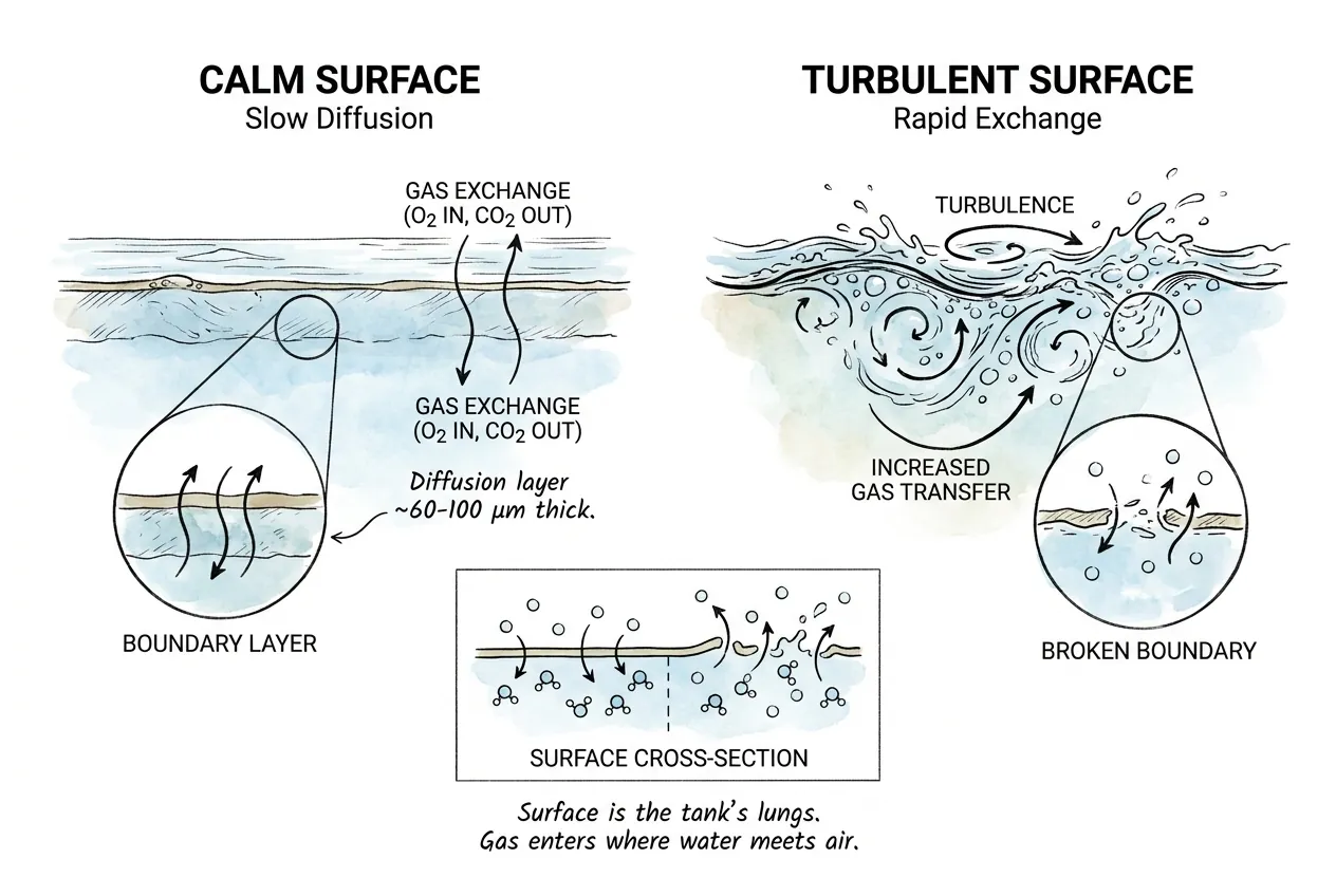 Calm versus rippled aquarium surface film and its gas-exchange boundary layer