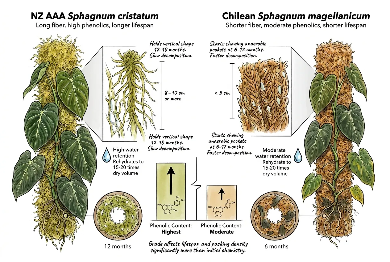 Long-fiber New Zealand sphagnum next to denser Chilean sphagnum strands