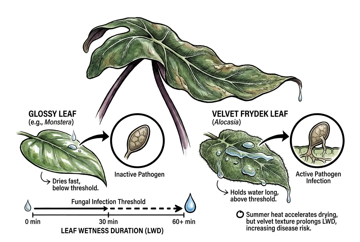 Water droplets persisting on velvet leaf surface enabling fungal sporulation