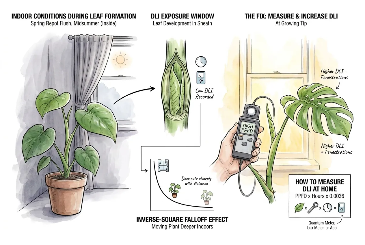 Light dropping sharply with distance from a sunny window onto a potted plant