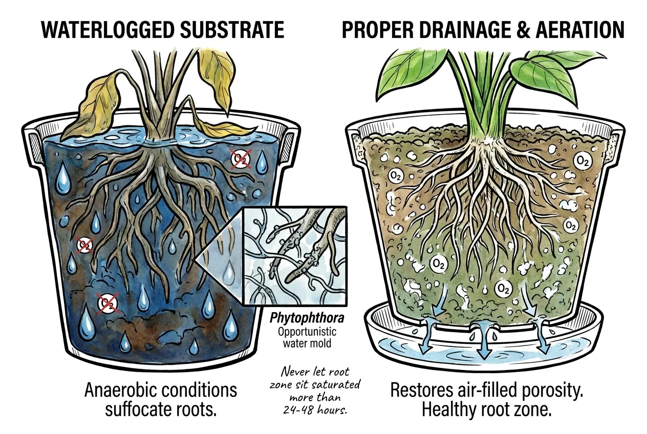 Waterlogged anaerobic pot breeding Phytophthora vs drained aerated healthy root zone