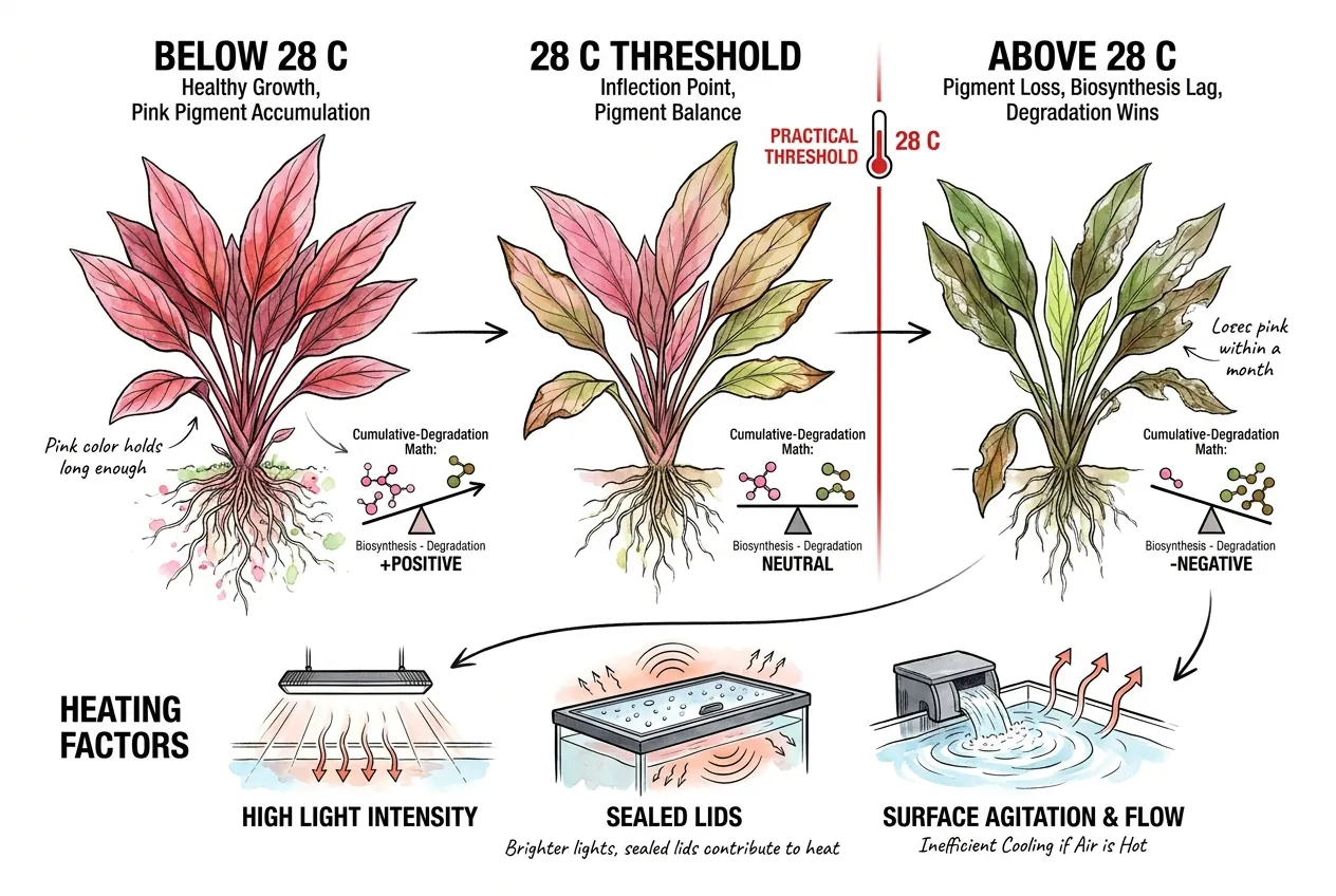 Aquarium thermometer reading 28 C beside a fading pink Cryptocoryne