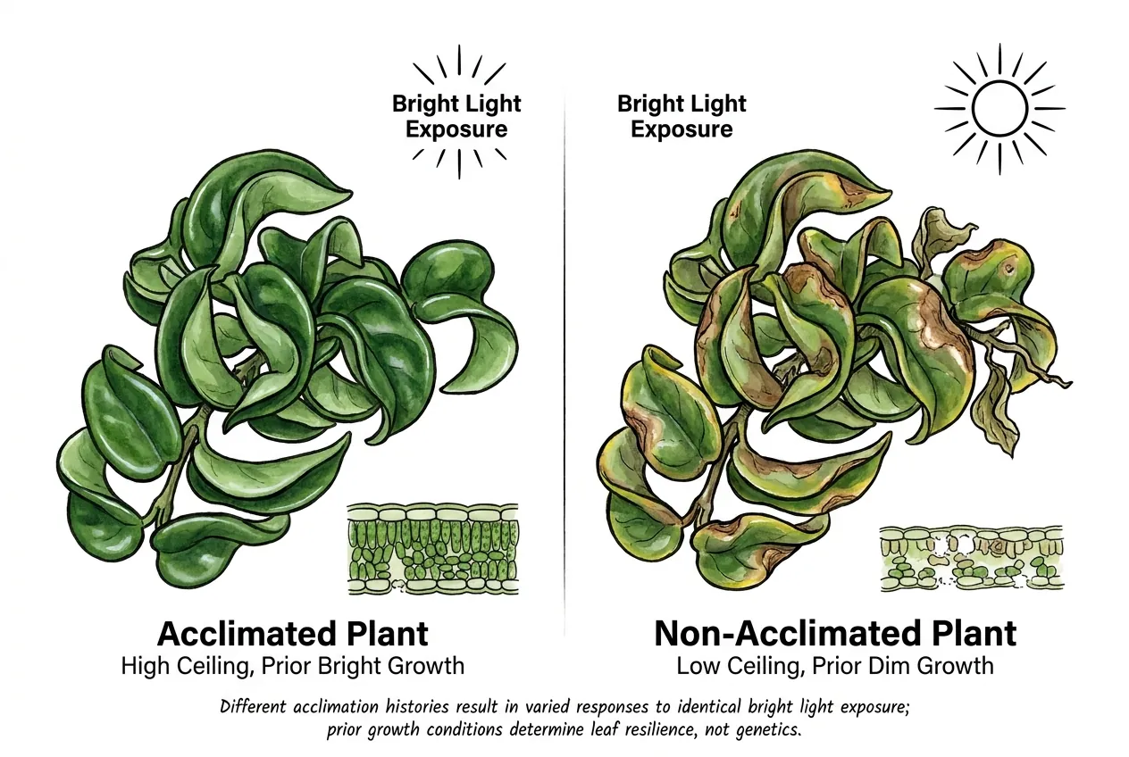 North-window Hoya scorching while bright-grown plant stays healthy
