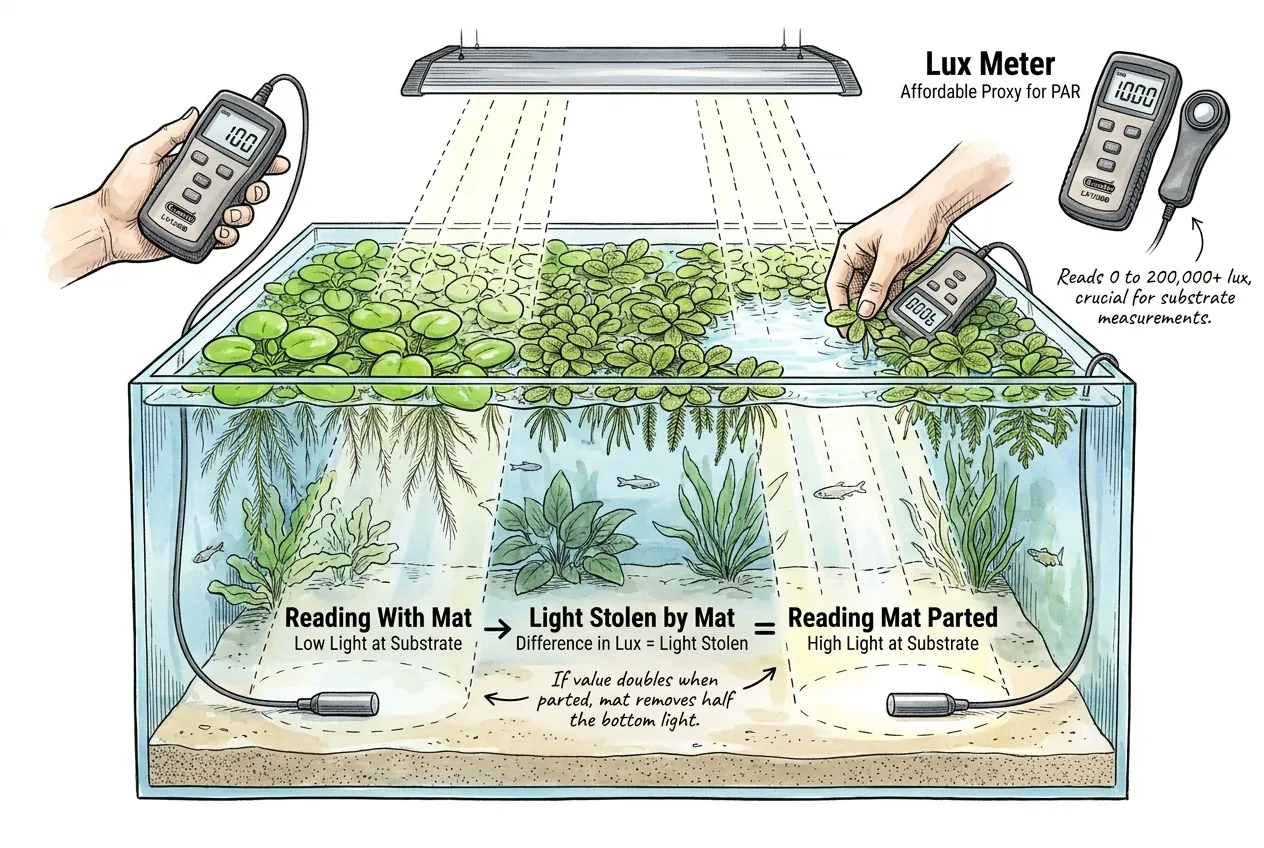 Light meter at the substrate reading under and beside a parted mat