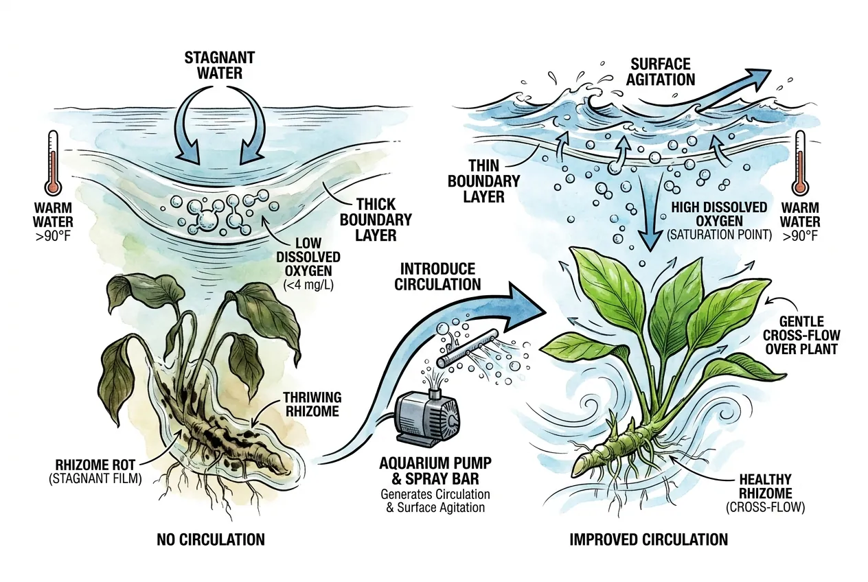 Tank cross-section comparing no-circulation rhizome rot to surface agitation with thin boundary layer, healthy rhizome