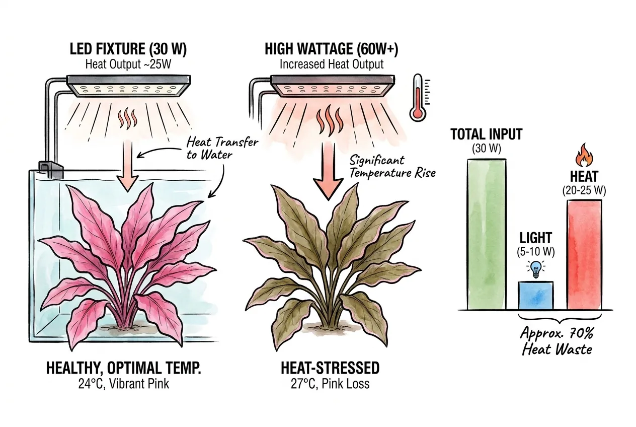 Planted-tank LED fixture radiating heat into the tank water below