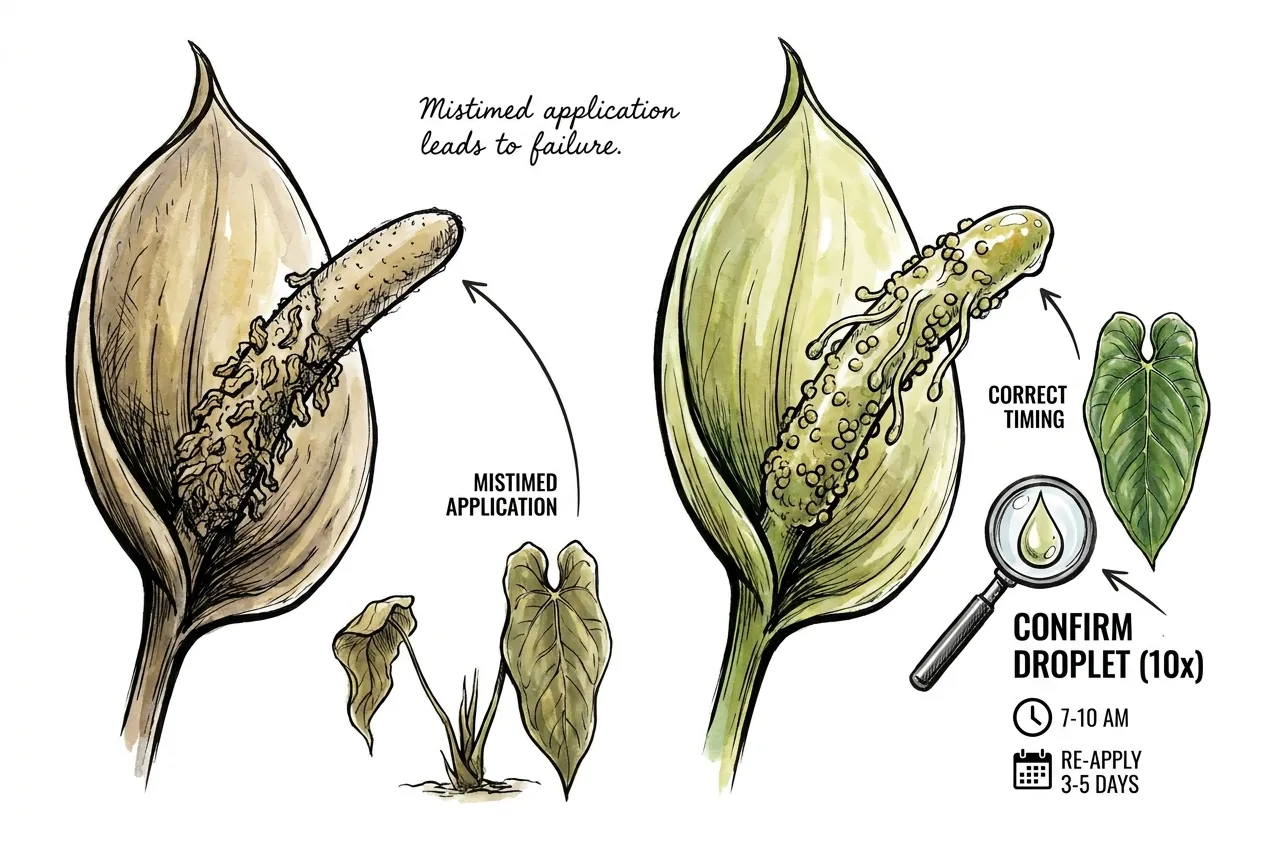 Botanical illustration of an Anthurium warocqueanum spadix with glistening stigmatic droplets receptive for cross-pollination versus a dry hydrophobic stigma