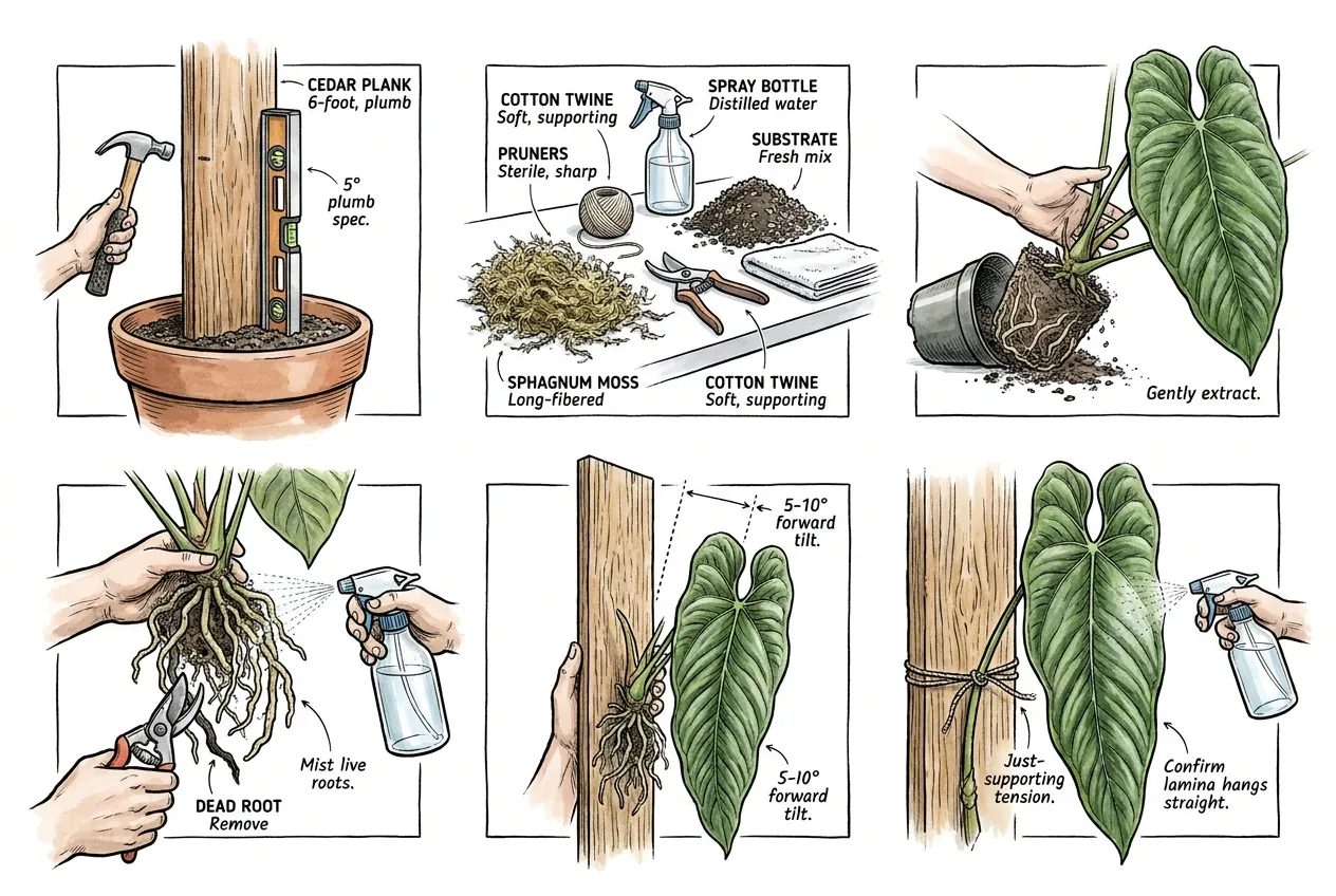 Step-by-step Anthurium veitchii re-mounting protocol on cedar plank