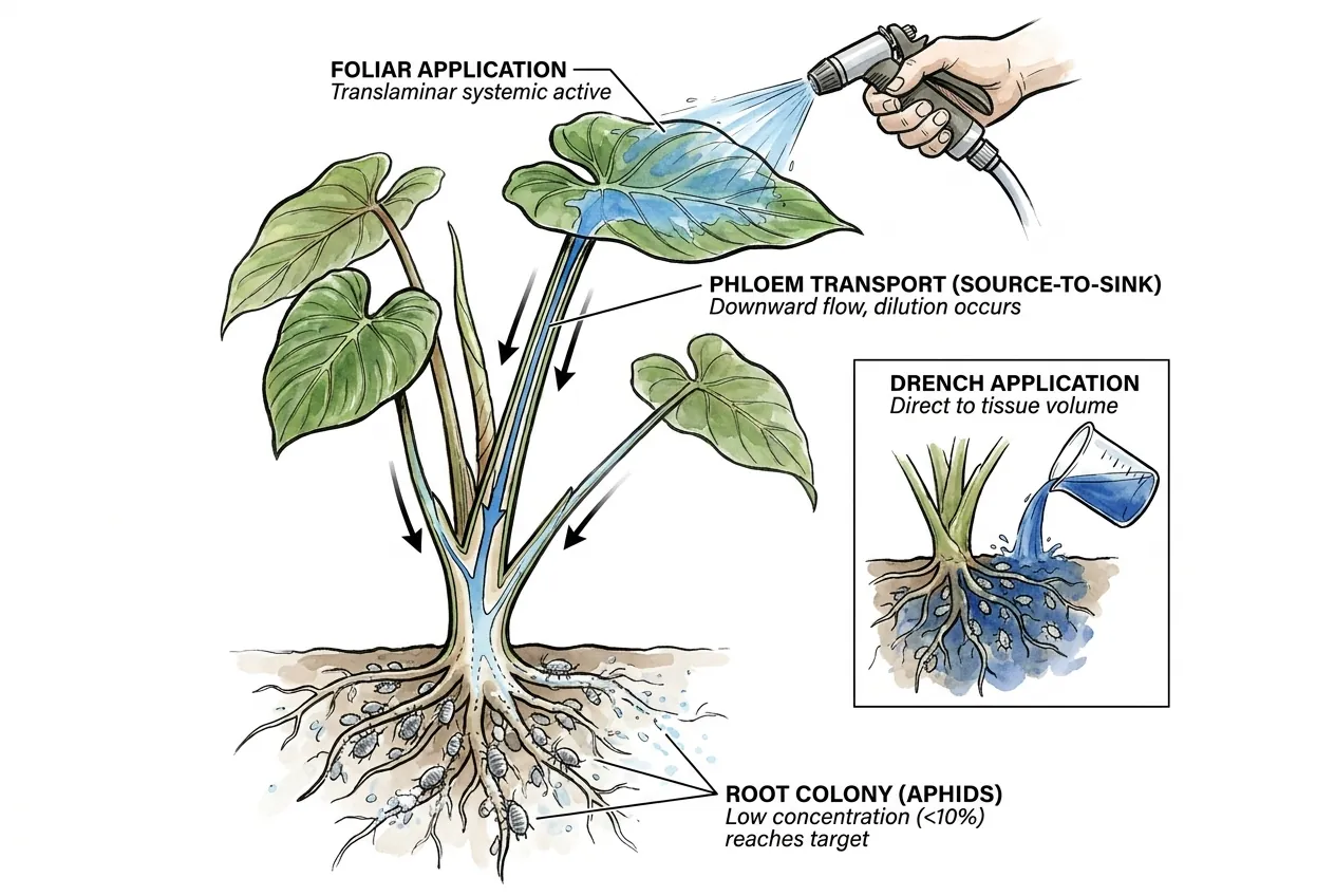 Phloem flow diagram showing systemic active diluting downward from leaf to root.
