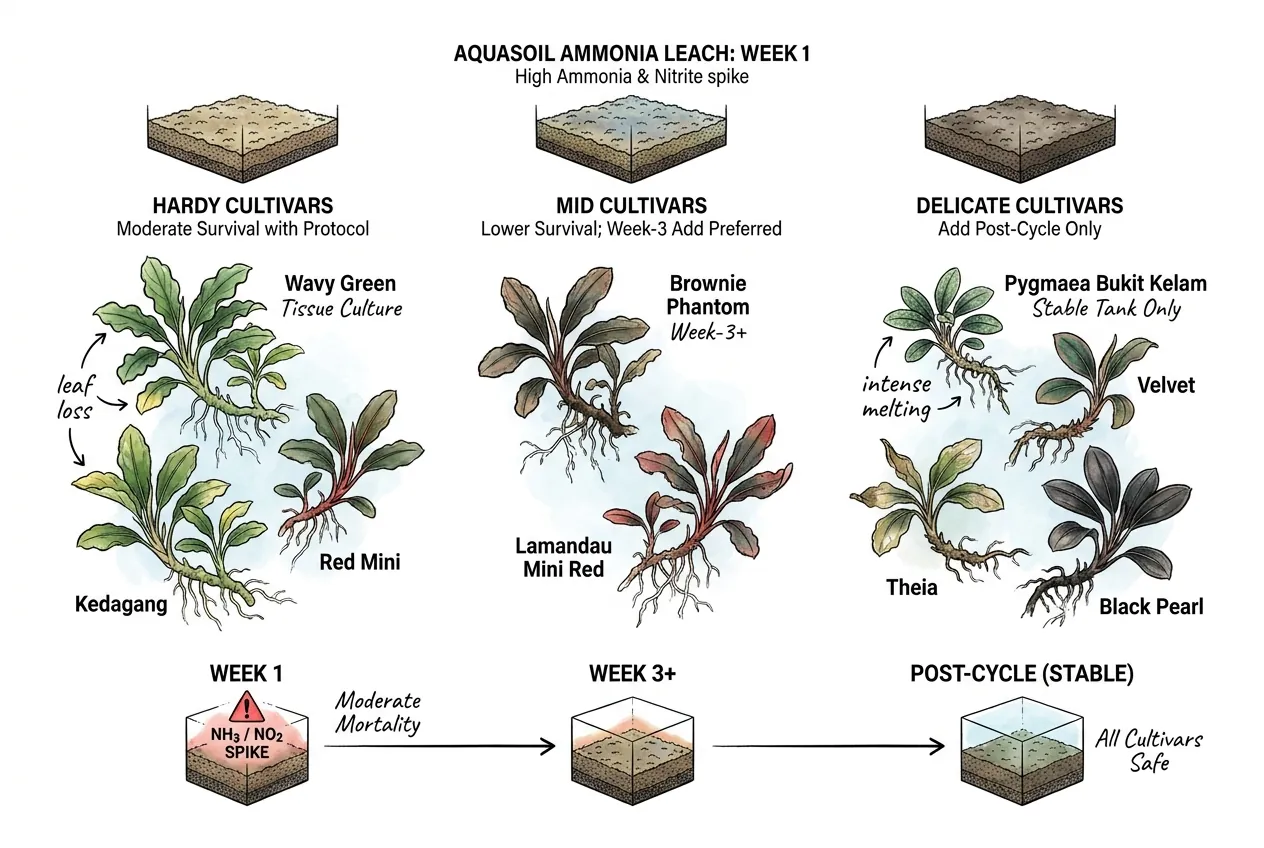 Bucephalandra cultivar tolerance ranking from Wavy Green to Pygmaea Bukit Kelam.
