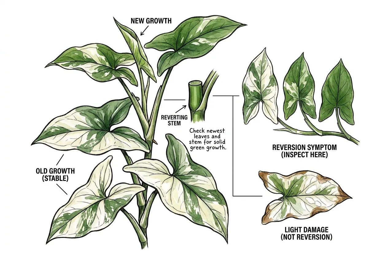 Newest Syngonium leaves and node compared for reversion signs