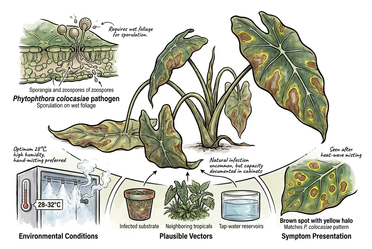 Phytophthora colocasiae lesion with yellow halo on Alocasia leaf margin