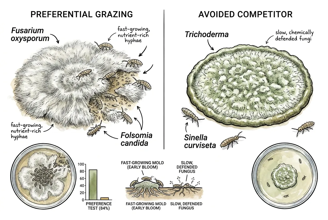 Springtails grazing fast Fusarium mold while avoiding defended Trichoderma competitor